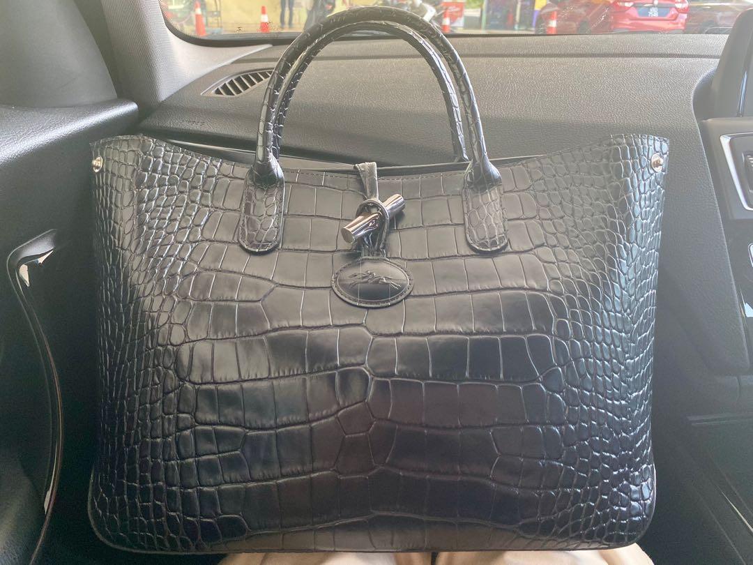 Longchamp Black Glaze Croc Embossed Leather Roseau Tote Longchamp