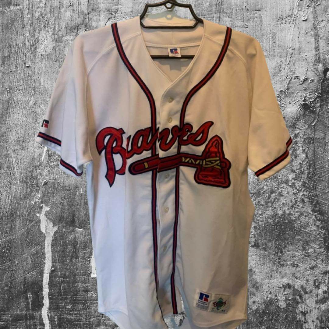 Vtg 90s Atlanta Braves Jersey White L Russell Athletic MLB Baseball Team Made in USA